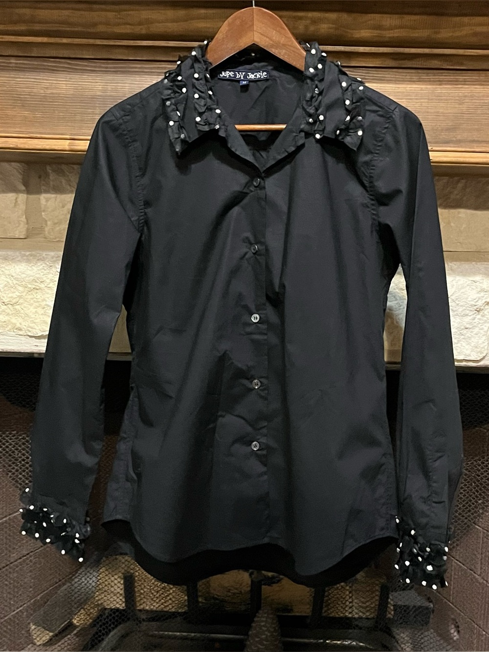 Jupe by Jackie Black Cotton Embroidered Polka Dot Ruffle Button Down Shirt